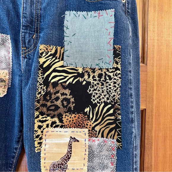 Levi’s 505 strght leg 14 S patchwork, hand, stitched jeans, safari jungle design - Picture 4 of 11